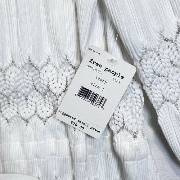 Free People Fire Island Blouse Open Knit Crochet Cinched Ivory Boho Chic Sz L - Picture 7 of 12